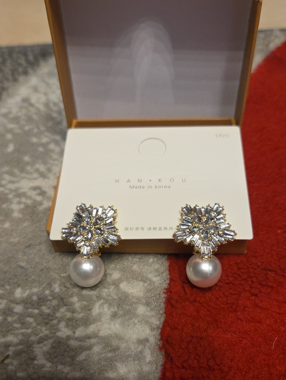 Gold Crystal Floral Earrings with White Pearl Drops
